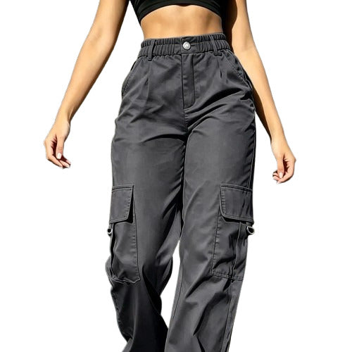 Stylish high-waisted multi-pocket cargo pants,