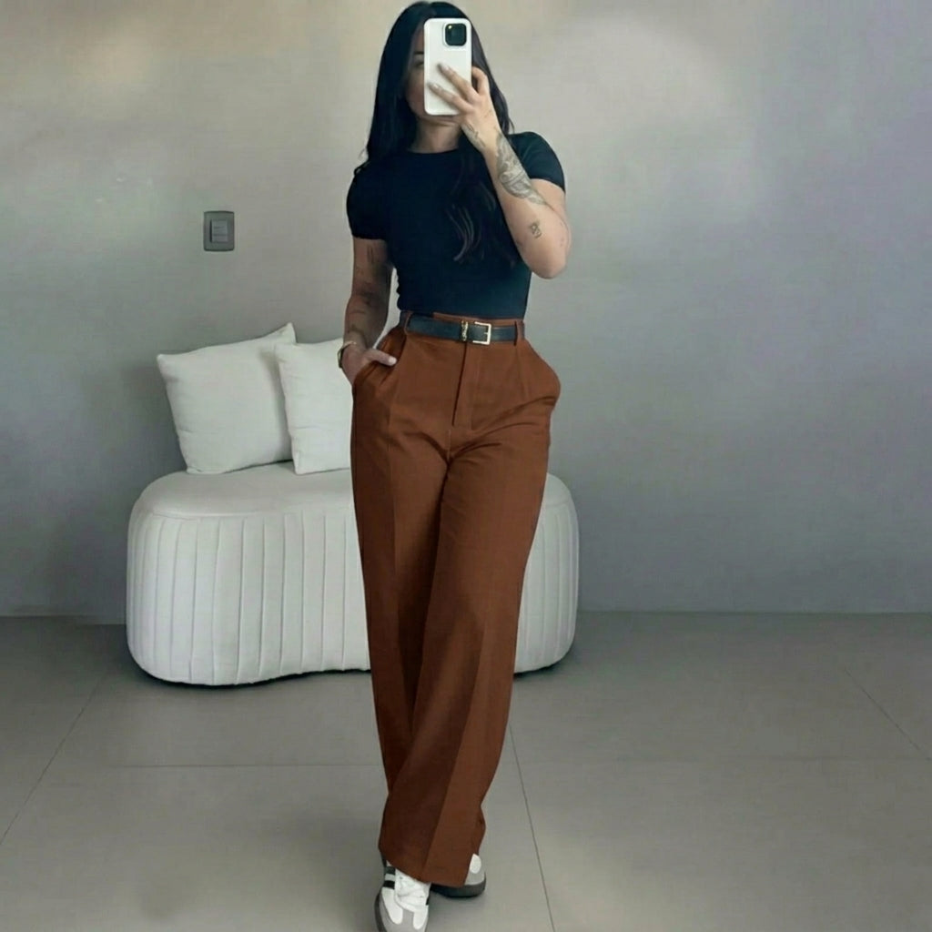 Women's high-waisted straight-leg suit pants, slimming effect.