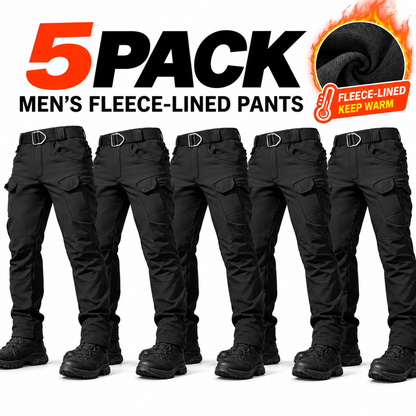 Men's fleece lined tactical cargo pants, windproof warm multi-pocket work pants, 320g fabric.