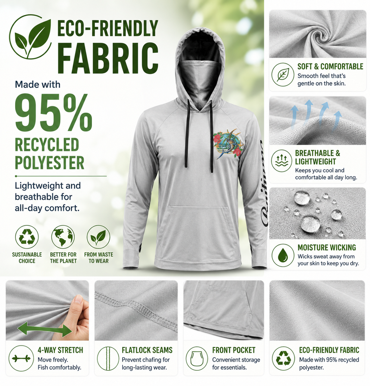 Men's Fishing & Construction Work Shirt — Hooded UPF 50 Long Sleeve (with Face Mask)