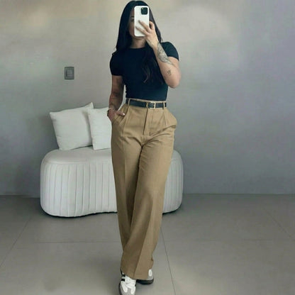 Women's high-waisted straight-leg suit pants, slimming effect.