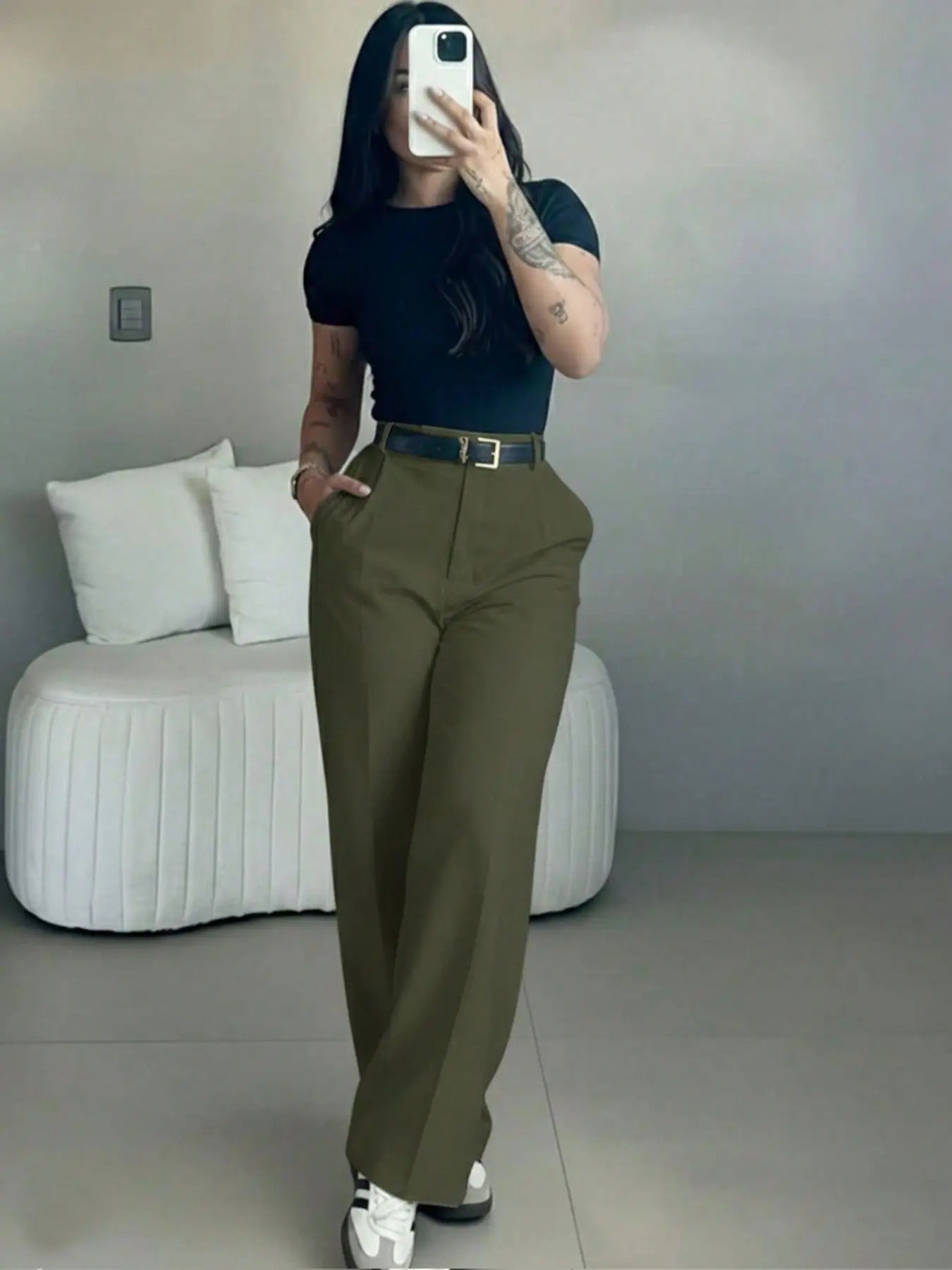 Women's high-waisted straight-leg suit pants, slimming effect.