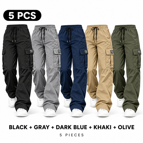 Women's Cargo Pants Set of 5, Bohemian Bottoms, High Waist Drawstring, Loose Activewear