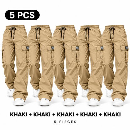 Women's Cargo Pants Set of 5, Bohemian Bottoms, High Waist Drawstring, Loose Activewear