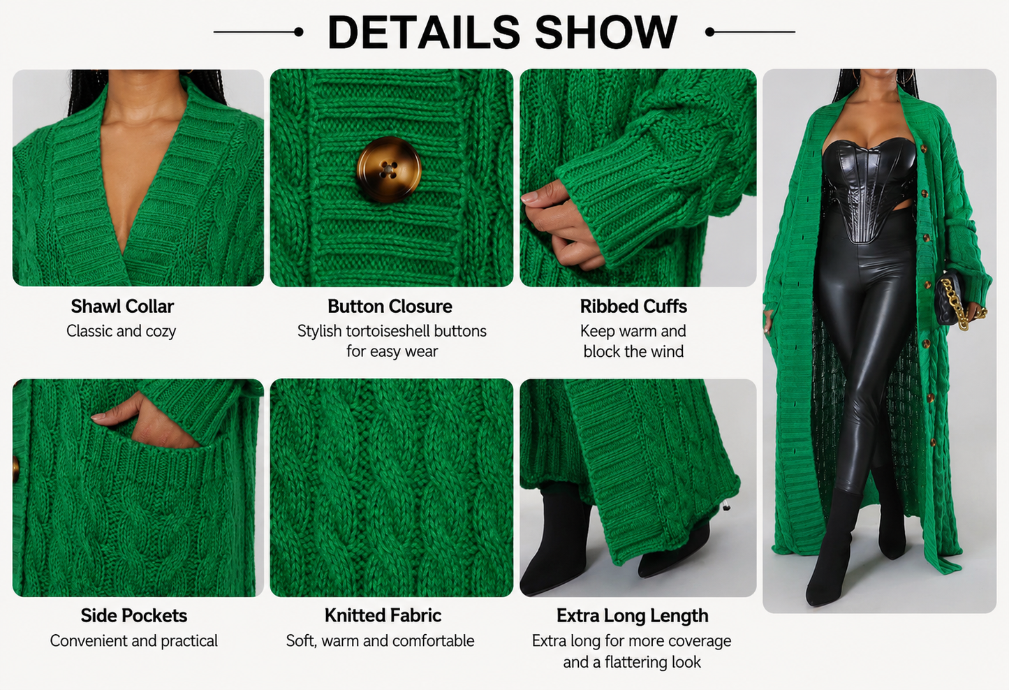 Women's Solid-Color Textured Long Knit Cardigan (with Pockets)