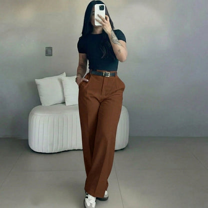 Women's high-waisted straight-leg suit pants, slimming effect.