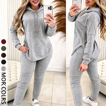 Women's Solid Basic 2-Piece Outfit, Drawstring Hooded Long Sleeve Top & Slim Fit Casual Pants 🧶