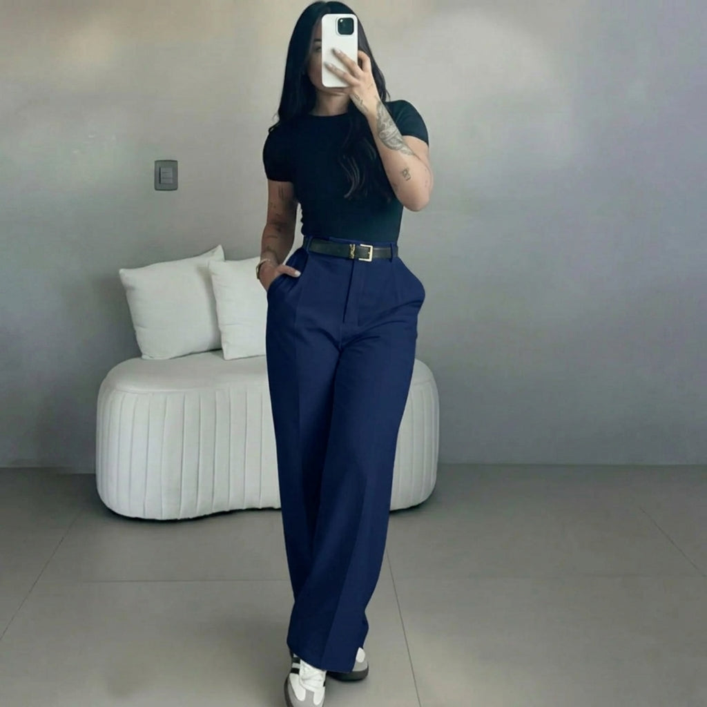 Women's high-waisted straight-leg suit pants, slimming effect.