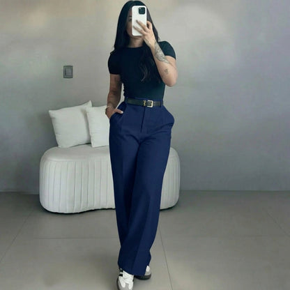 Women's high-waisted straight-leg suit pants, slimming effect.