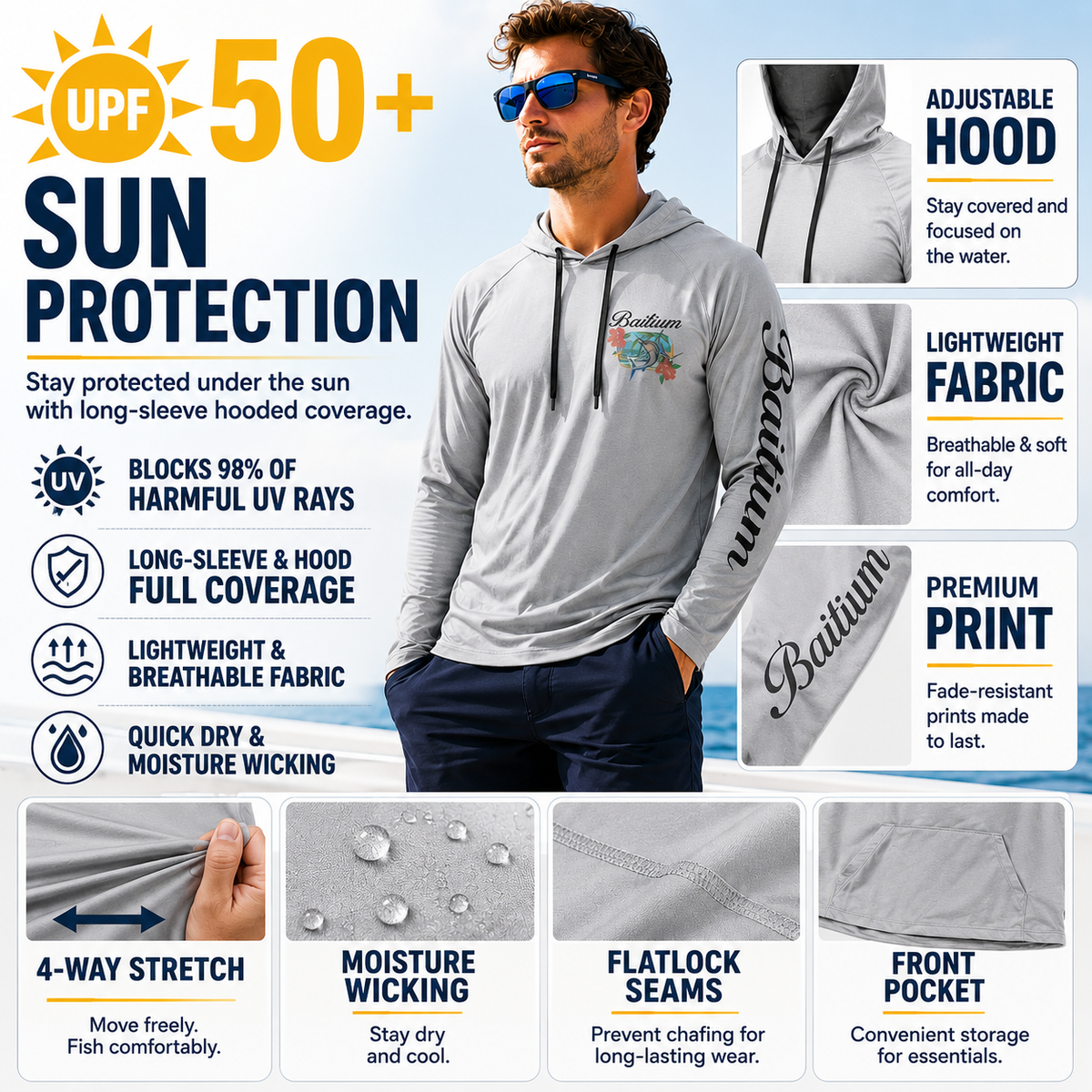 Men's Fishing & Construction Work Shirt — Hooded UPF 50 Long Sleeve (with Face Mask)