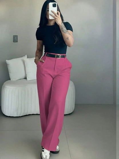 Women's high-waisted straight-leg suit pants, slimming effect.
