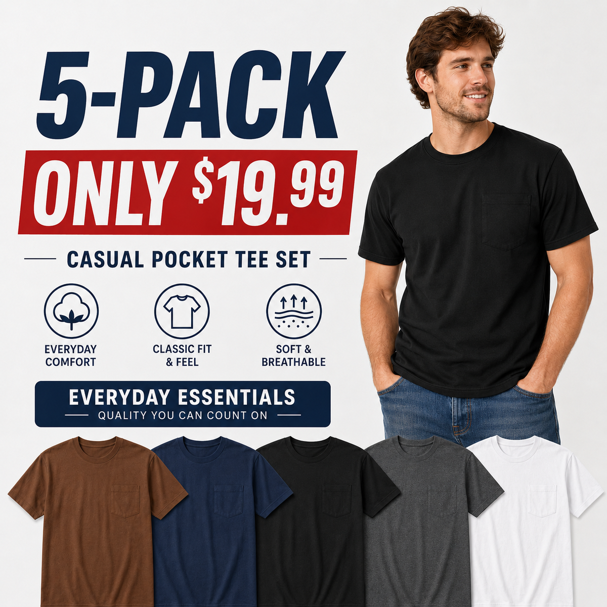 🔥Men's Heavyweight Cotton Pocket T-Shirt – Relaxed Fit Everyday Casual Tee | Big & Tall Available