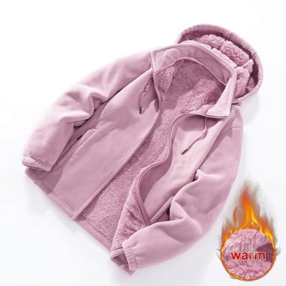 Women's fleece cardigan with a detachable hood.