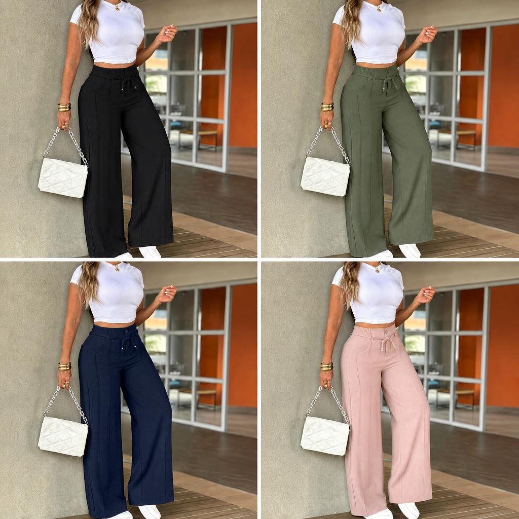 Women's casual wide-leg trousers with vertical pleats.