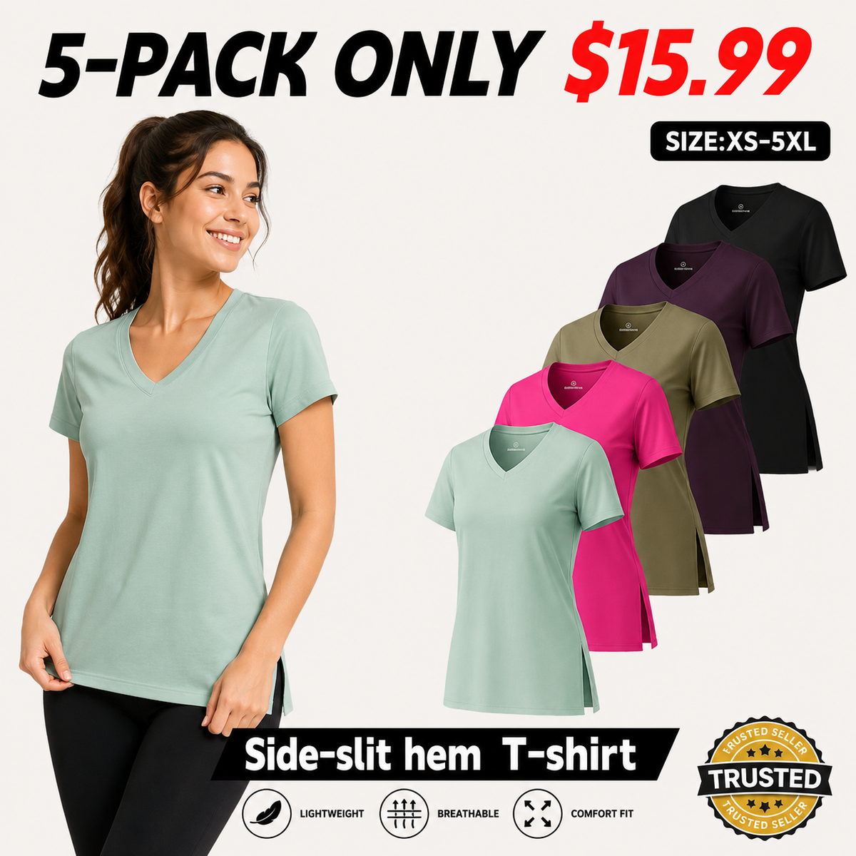Women's Short-Sleeve V-Neck T-Shirt with Side Slits