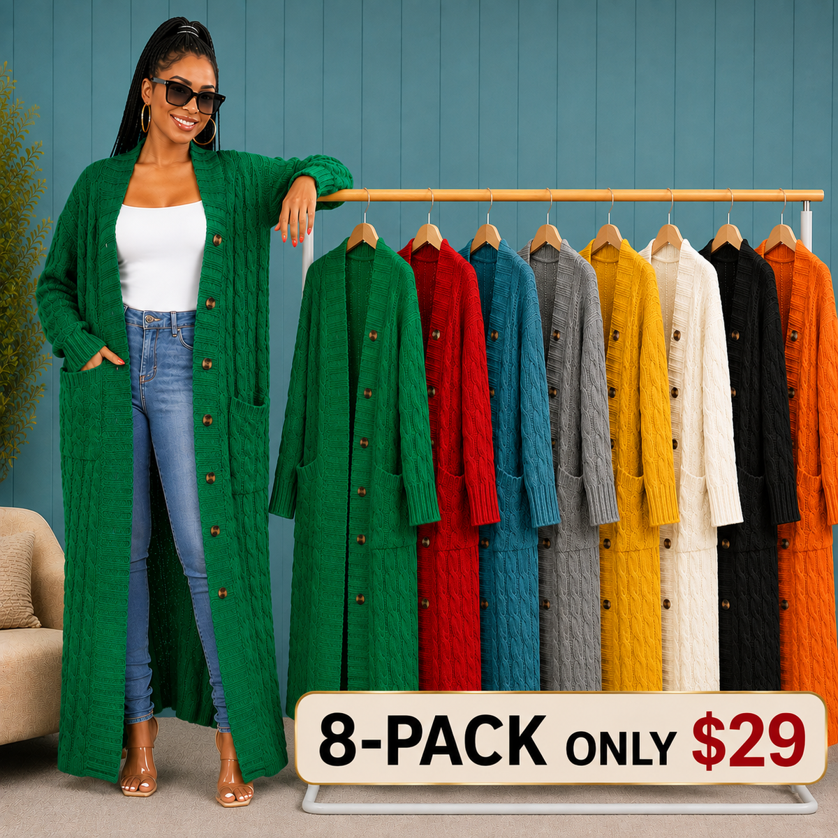 Women's Solid-Color Textured Long Knit Cardigan (with Pockets)