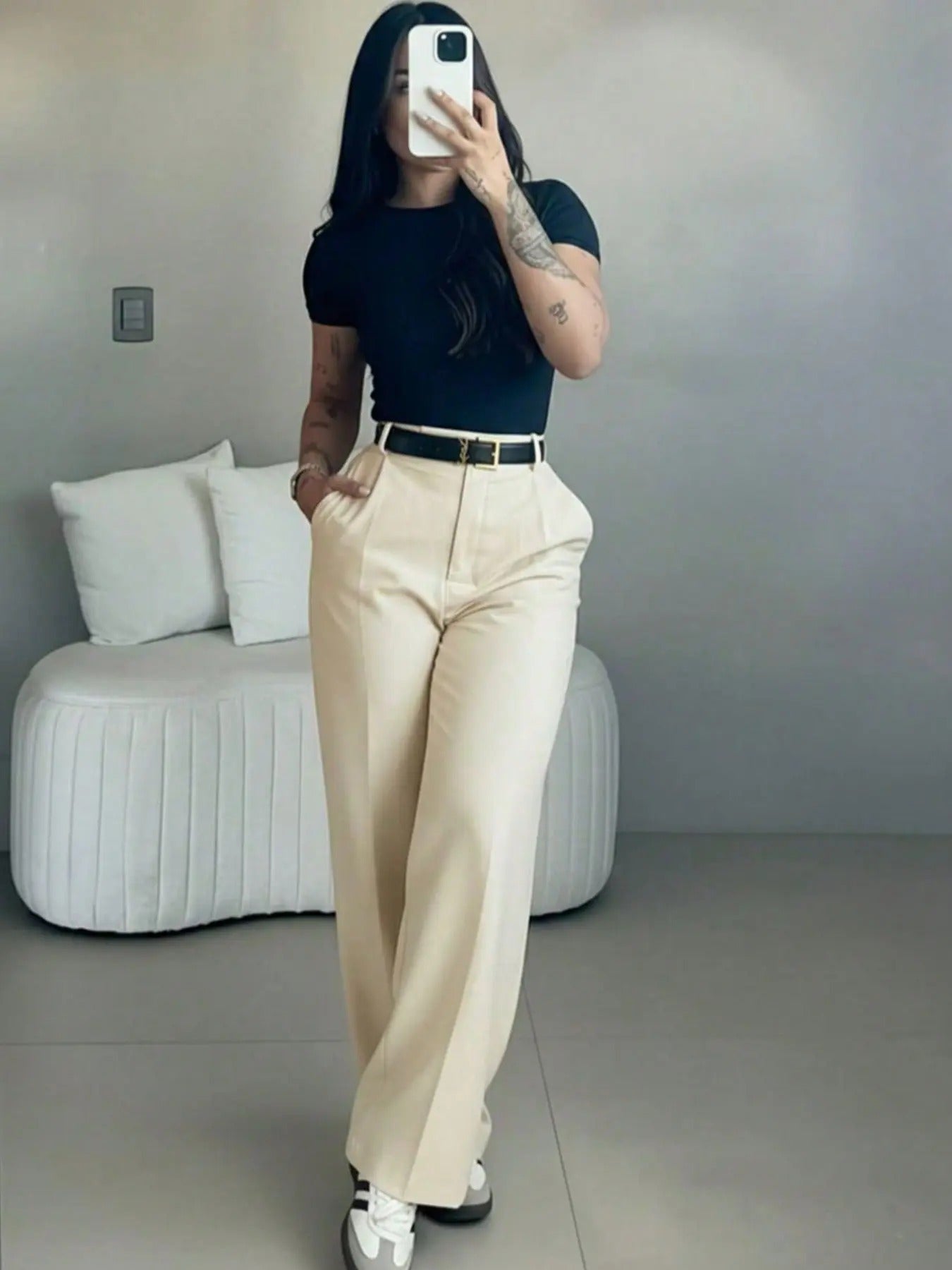 Women's high-waisted straight-leg suit pants, slimming effect.