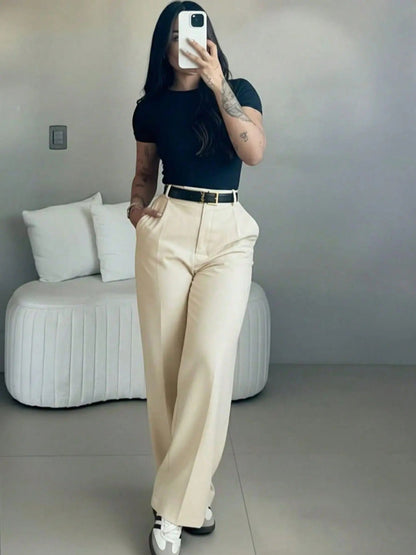 Women's high-waisted straight-leg suit pants, slimming effect.