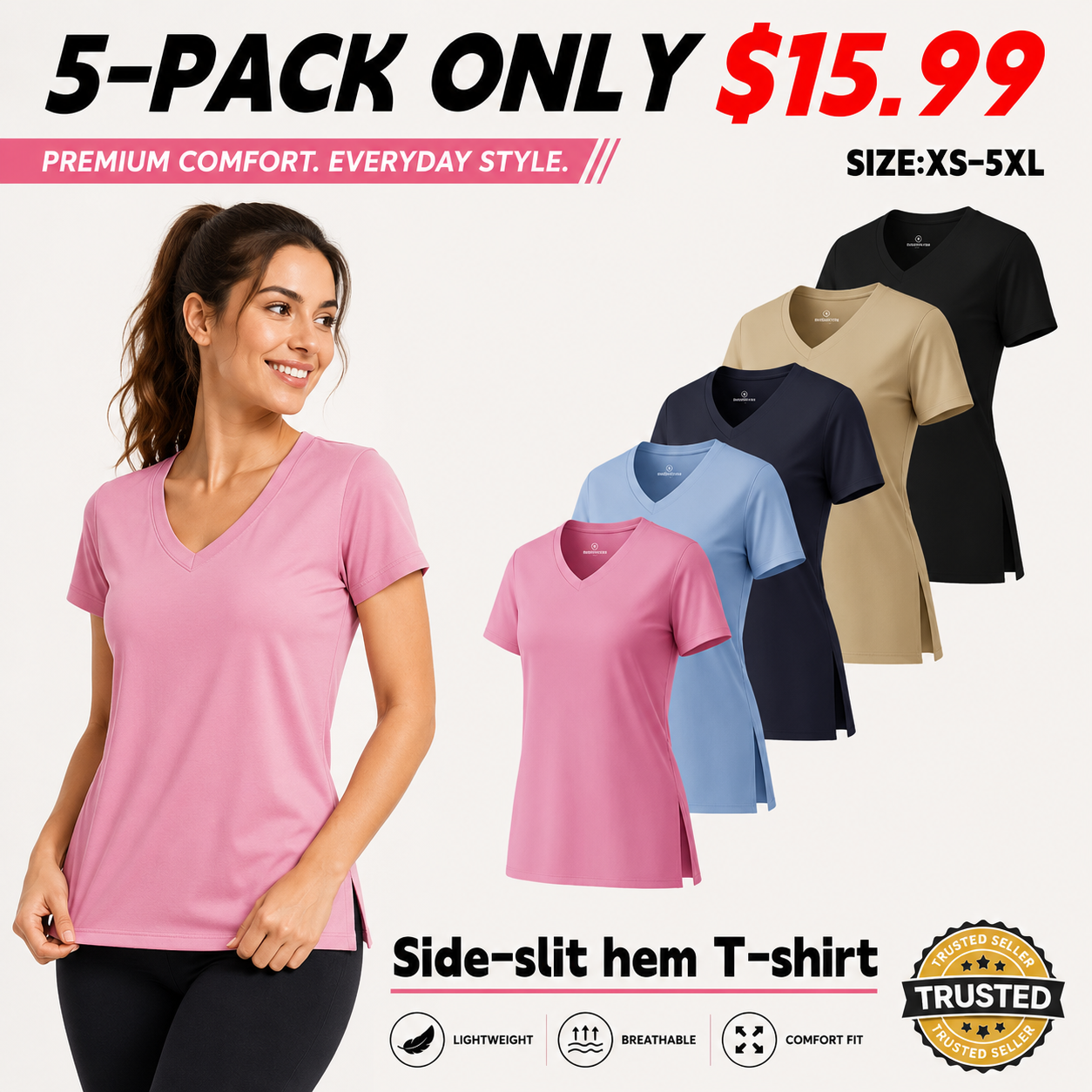 Women's Short-Sleeve V-Neck T-Shirt with Side Slits