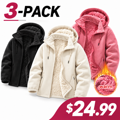 Women's fleece cardigan with a detachable hood.