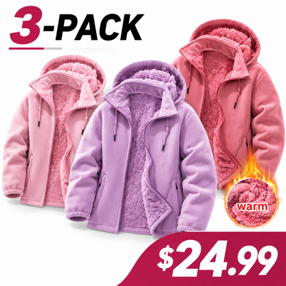 Women's fleece cardigan with a detachable hood.