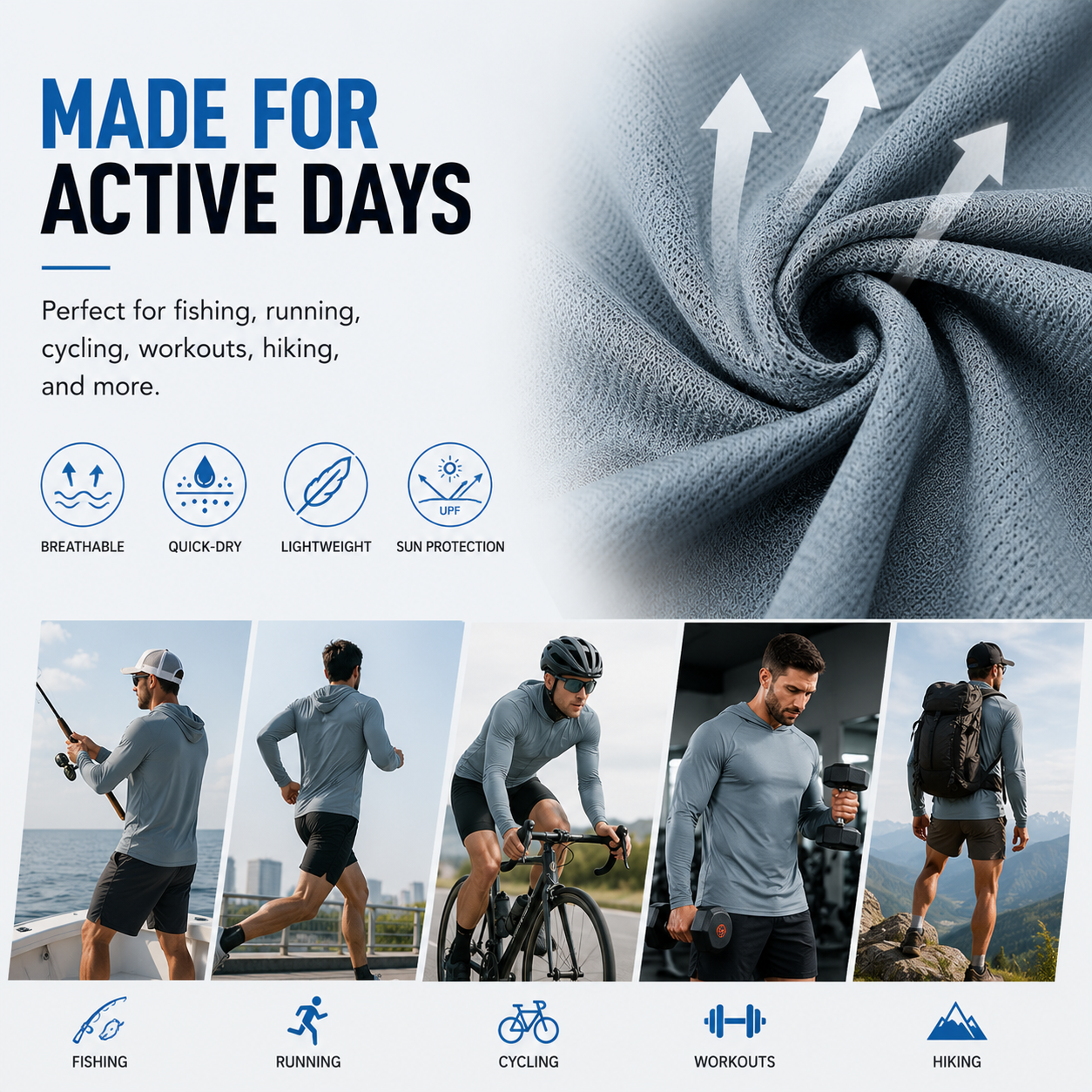 Long-sleeve hooded sun-protection shirt; dry and breathable.