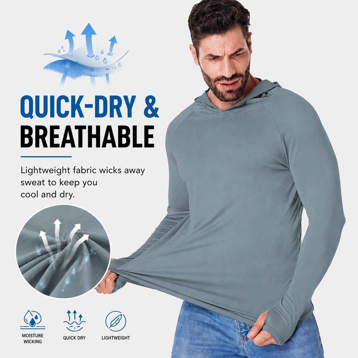 Long-sleeve hooded sun-protection shirt; dry and breathable.