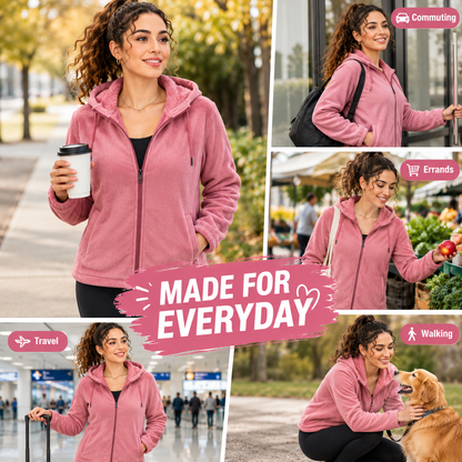 Women's fleece cardigan with a detachable hood.