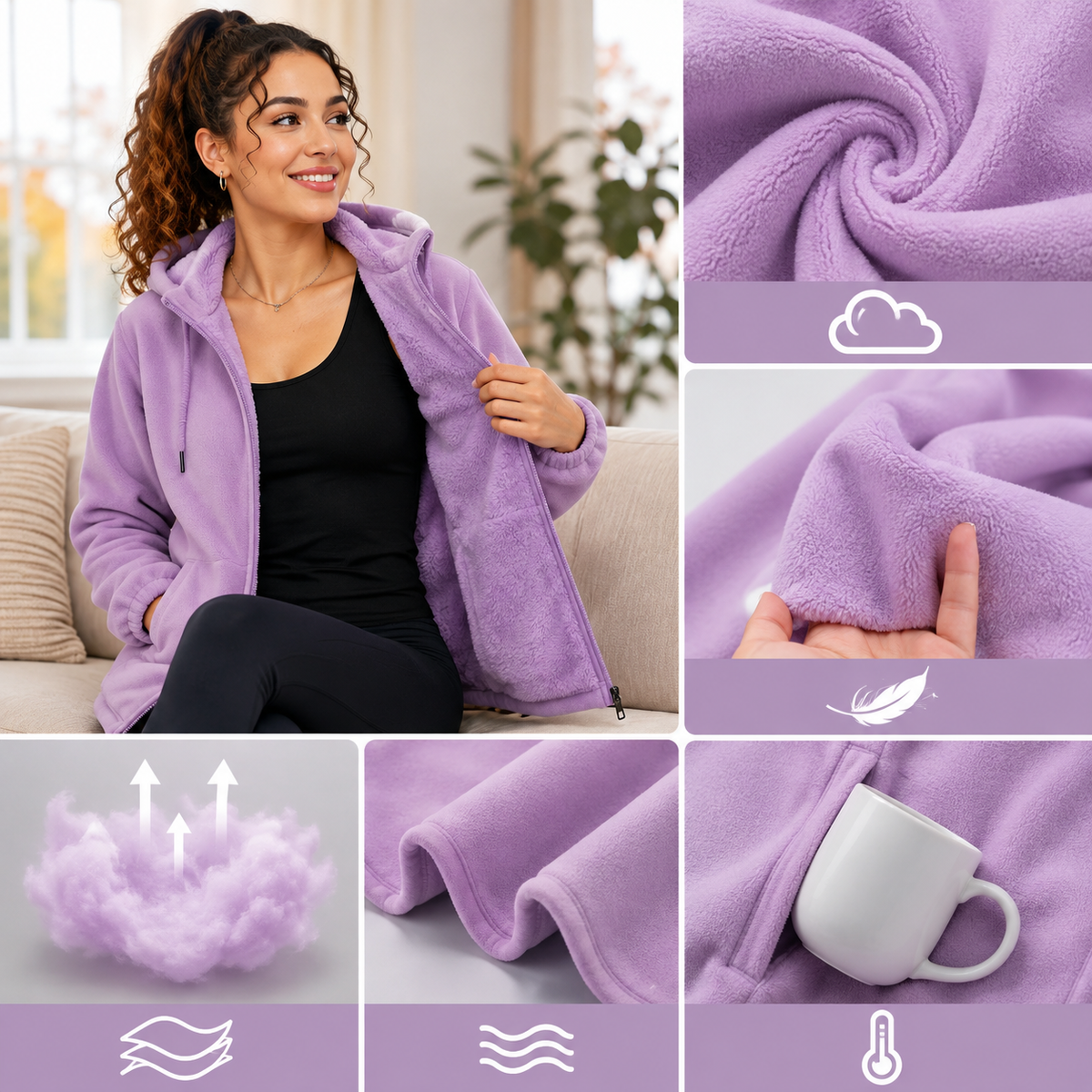 Women's fleece cardigan with a detachable hood.