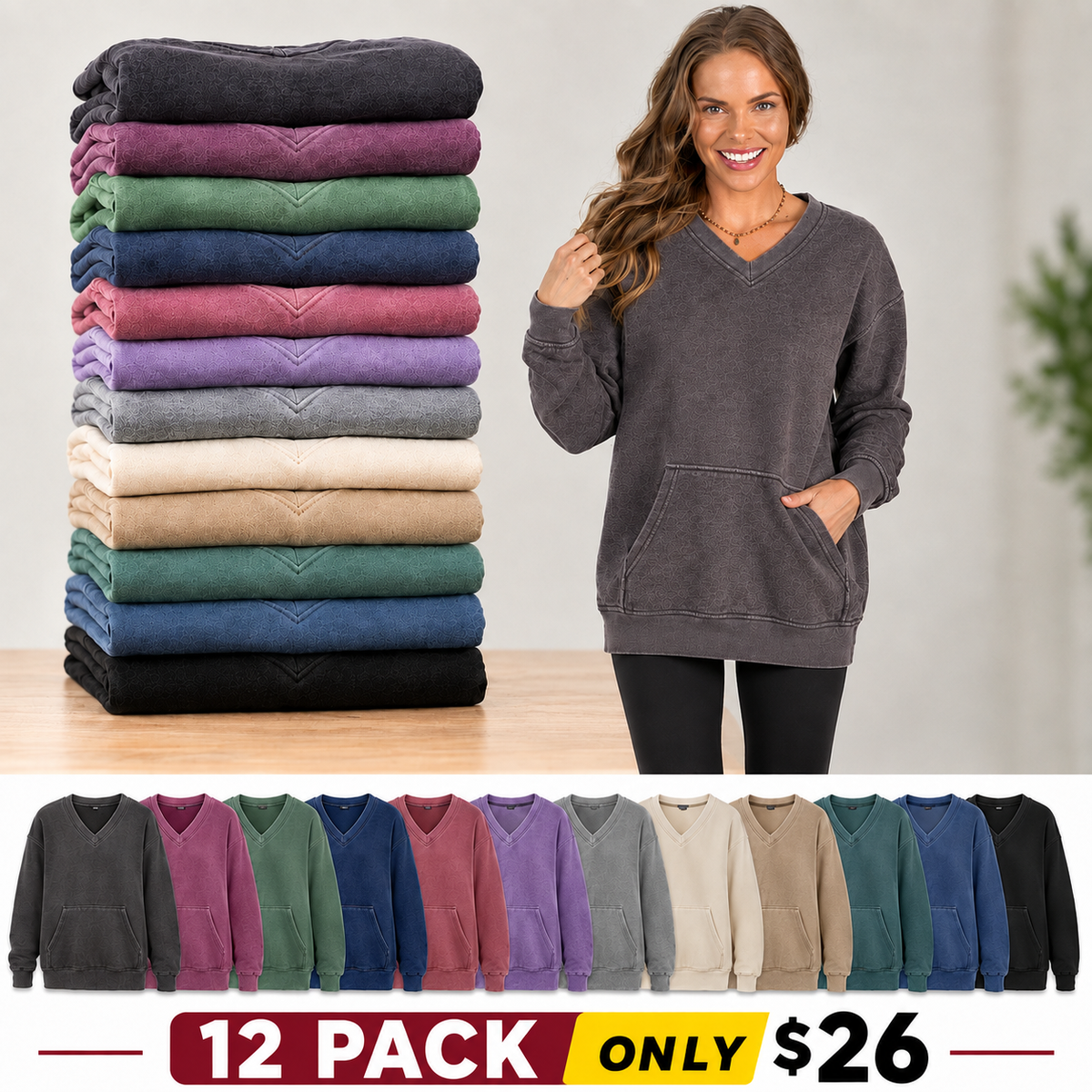 Hoodless V-neck Sweatshirt With Kangaroo Pocket Fleece Longsleeve Oversized Casual Style Shirt