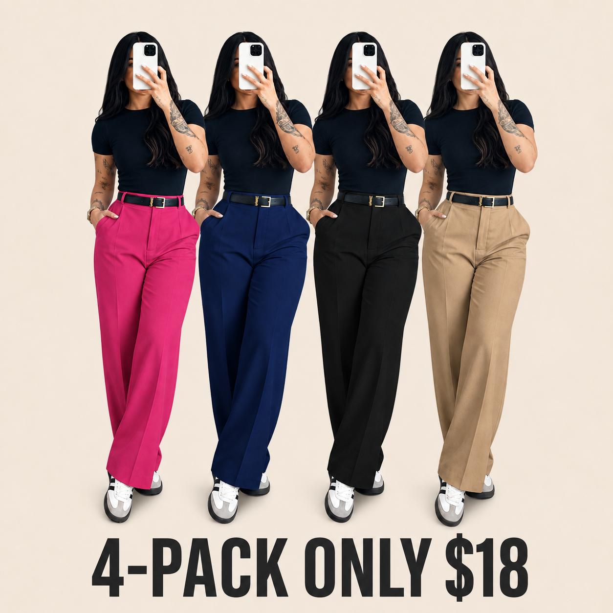 Women's high-waisted straight-leg suit pants, slimming effect.