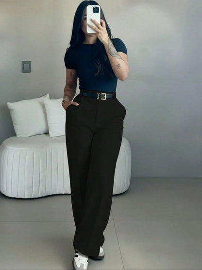 Women's high-waisted straight-leg suit pants, slimming effect.
