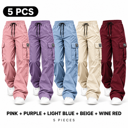 Women's Cargo Pants Set of 5, Bohemian Bottoms, High Waist Drawstring, Loose Activewear