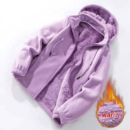 Women's fleece cardigan with a detachable hood.