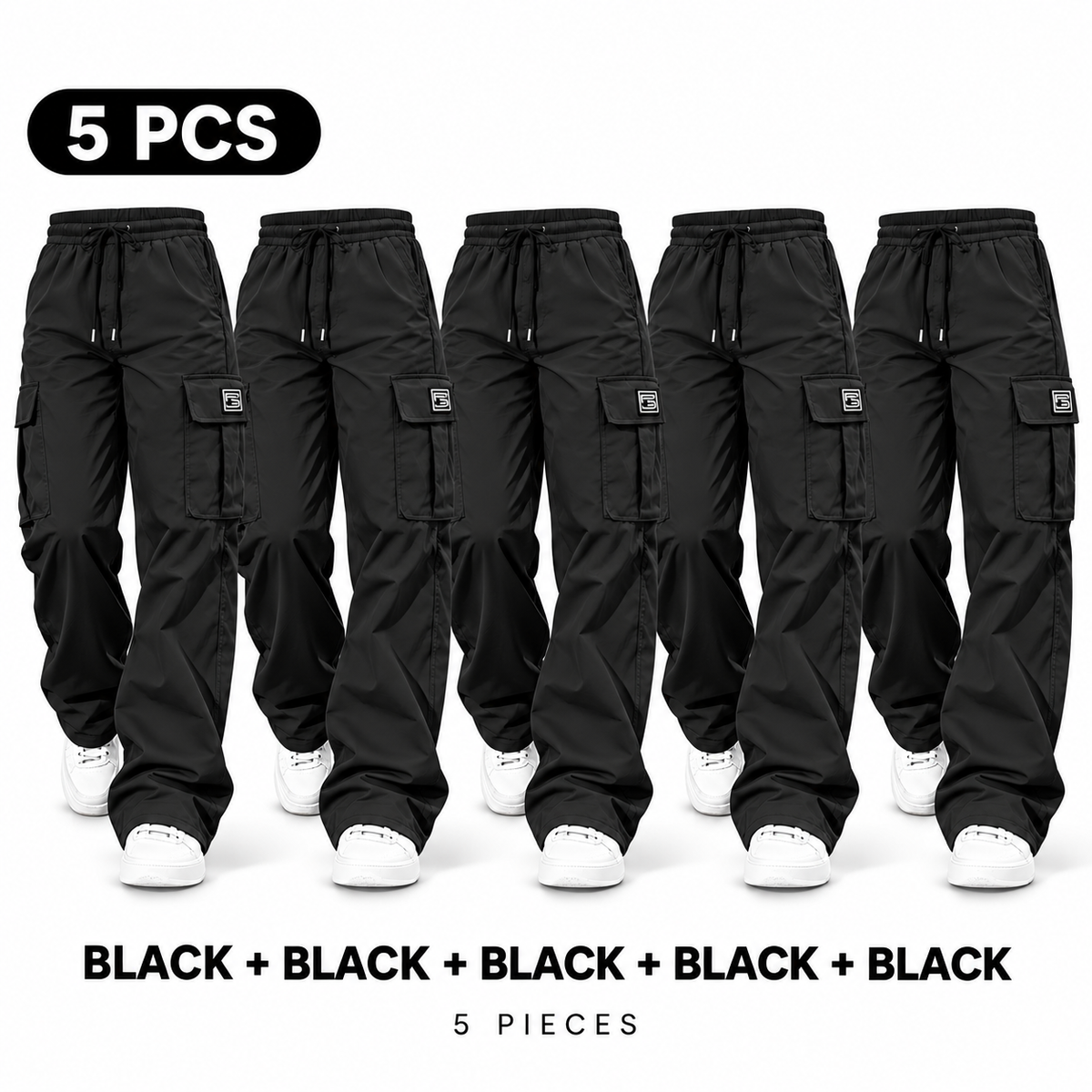 Women's Cargo Pants Set of 5, Bohemian Bottoms, High Waist Drawstring, Loose Activewear