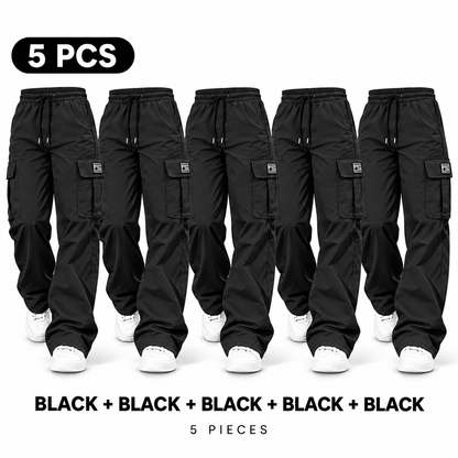 Women's Cargo Pants Set of 5, Bohemian Bottoms, High Waist Drawstring, Loose Activewear