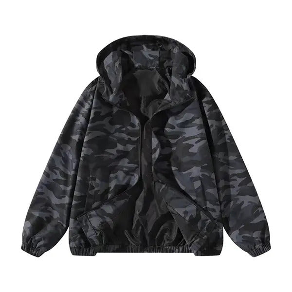 Vintage-wash hooded zip-up jacket
