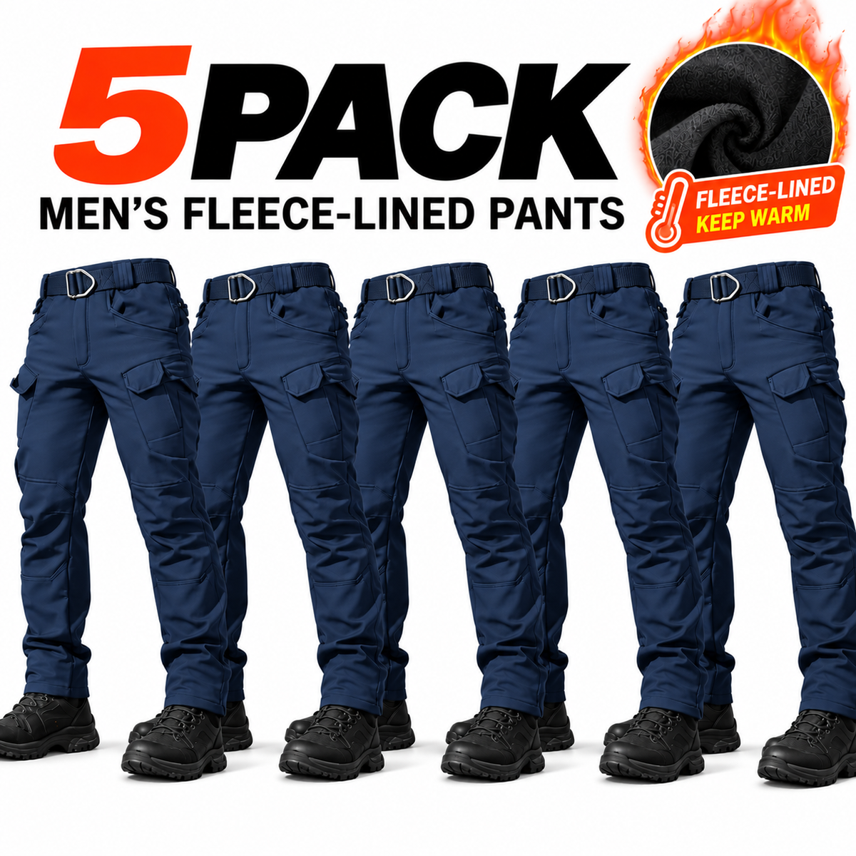 Men's fleece lined tactical cargo pants, windproof warm multi-pocket work pants, 320g fabric.