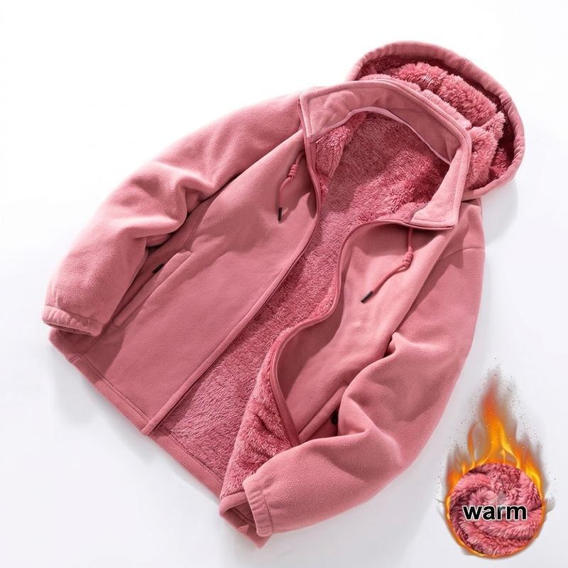 Women's fleece cardigan with a detachable hood.