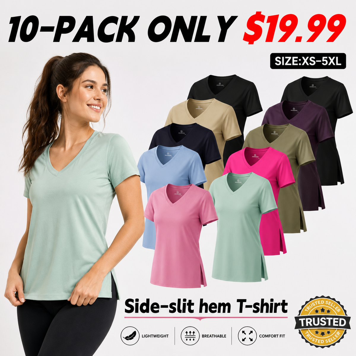 Women's Short-Sleeve V-Neck T-Shirt with Side Slits