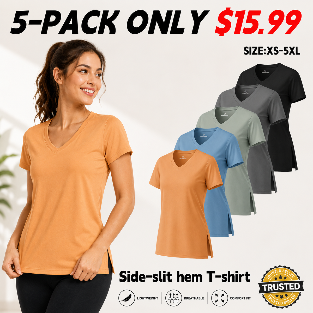 Women's Short-Sleeve V-Neck T-Shirt with Side Slits