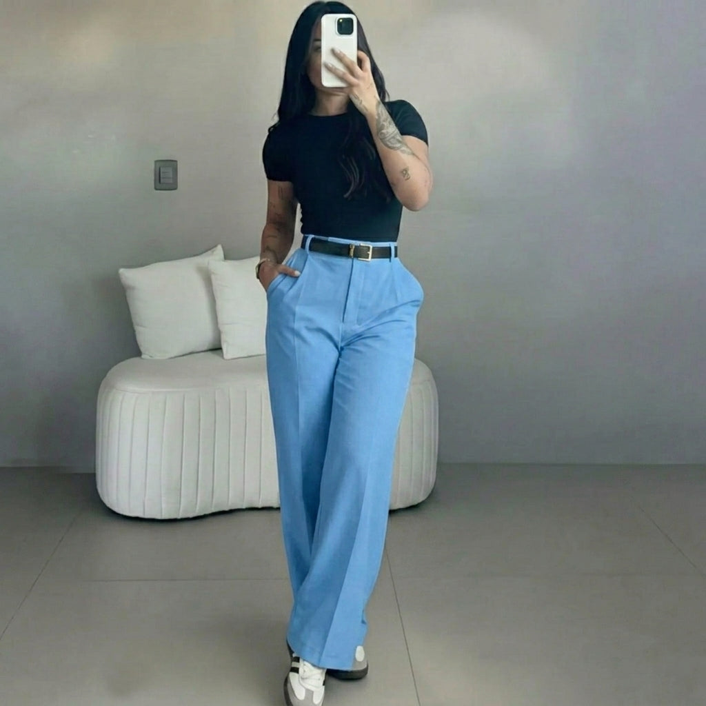 Women's high-waisted straight-leg suit pants, slimming effect.