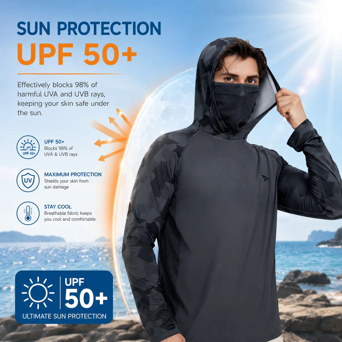 Men's Sun Protection Hoodie (with Face Mask/Neck Gaiter) — UPF 50+ UV Protection